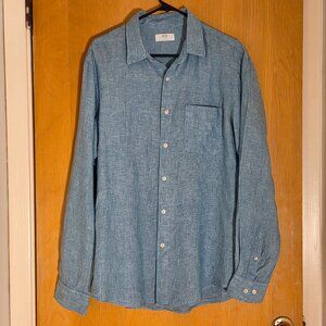 Uniqlo 100% Linen Button Up Shirt Mens L Teal Blue L/S Resort Preppy Casual